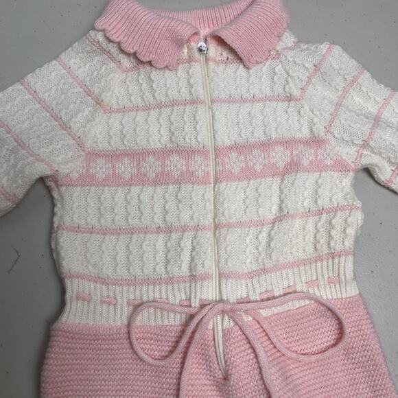 Vintage Pink White Knit Baby Sleeper Footed Zip Front Long Sleeve NO SIZE TAG - Picture 4 of 11